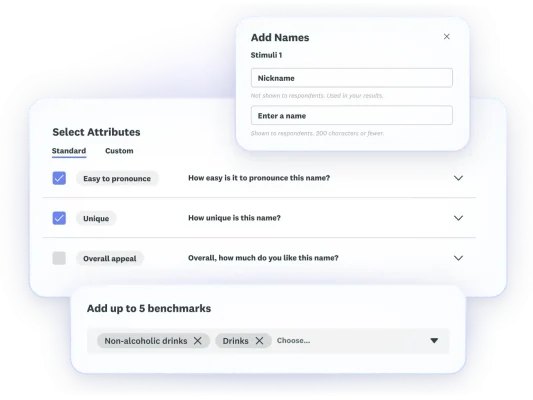 Screenshots of steps from name testing - add names, select attributes, add up to 5 benchmarks