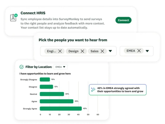 SurveyMonkey integration workflow UI showing HR automated survey setup and data analysis steps