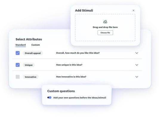 Screenshot of idea screening steps, which show adding stimuli, selecting attributes, and setting custom questions