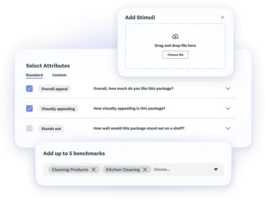 Screenshots for steps for packaging testing - add stimuli, select attributes, add up to 5 benchmarks