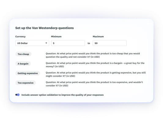 Screenshot of Van Westendorp questions