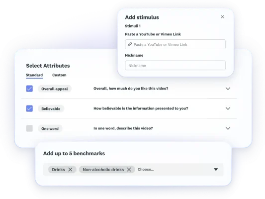 Screenshots of video ad testing solution steps, where you add YouTube links for videos, select attributes to test against, and add up to 5 benchmarks