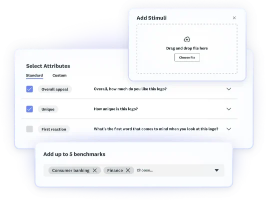Screenshot of steps in logo testing, add stimuli section, select attributes, and add up to 5 benchmarks