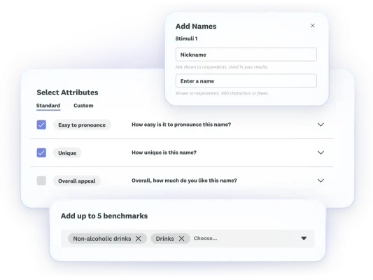Screenshots of steps from name testing - add names, select attributes, add up to 5 benchmarks