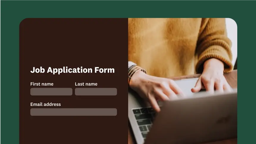 A person typing on a laptop with an overlay showing a job application form.