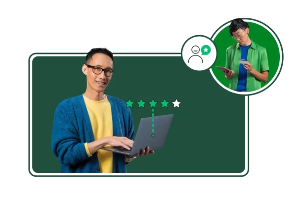 an employee takes a survey on their phone while an HR professional reviews results on their laptop