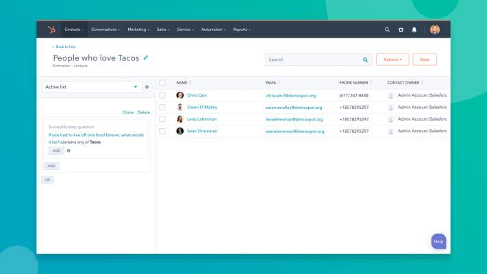 screenshot of what a list of contact looks like in hubspot