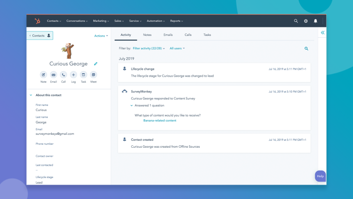 screenshot of what an individual contact looks like in hubspot