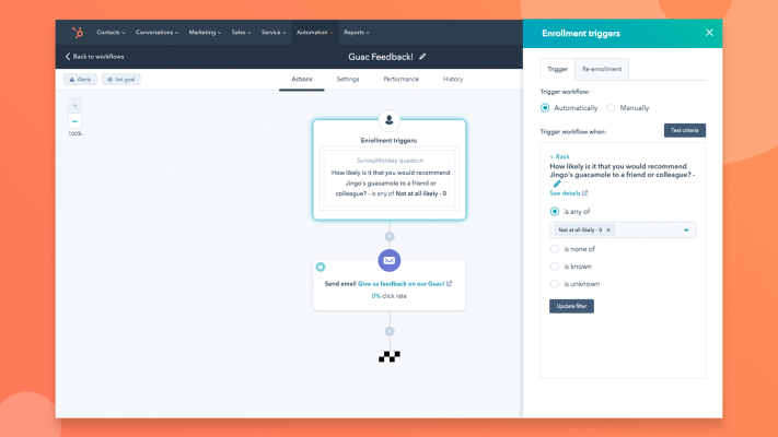 screenshot of what a workflow looks like in hubspot