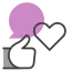 Icône représentant un pouce levé à côté d’un cœur et d’une bulle de chat