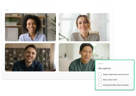 Four people on a Zoom call, next to screenshot about survey options