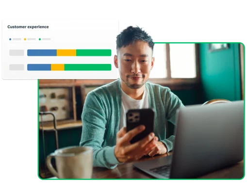 Person looking at phone, next to a screenshot of a customer experience bar chart