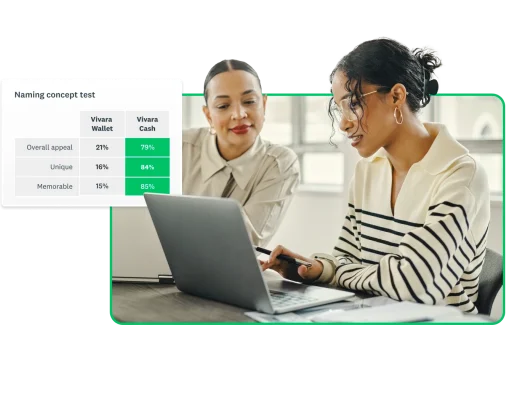 Two people looking at a laptop, next to a screenshot of a naming concept test between "Vivara Wallet" versus "Vivara Cash"