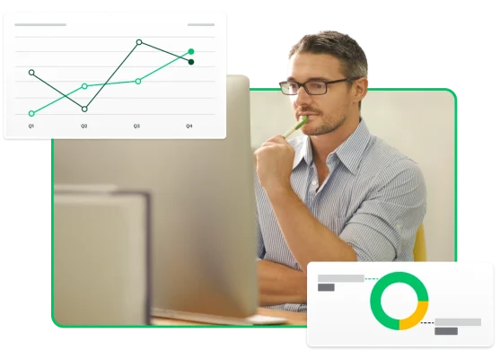 Man with glasses looking at survey results on a computer, next to screenshots of graphs