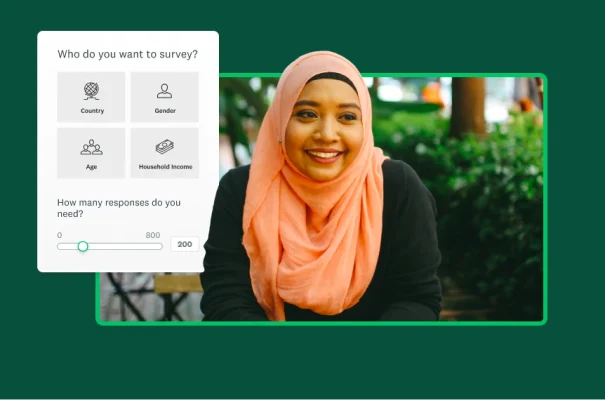 Person next to a screenshot asking "Who do you want to survey?" followed by of market research panel options