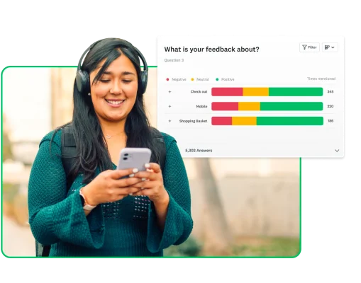 Woman wearing headphones and taking a survey on her phone. Next to her is a screenshot with the question "What is your feedback about?" and a bar chart summarizing the feedback