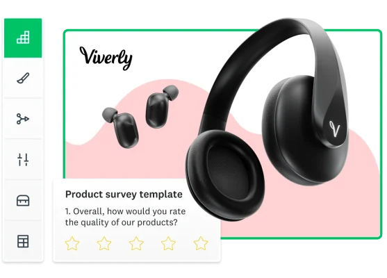 Headphones next to a screenshot of a product survey template asking "Overall, how would you rate the quality of our products?"