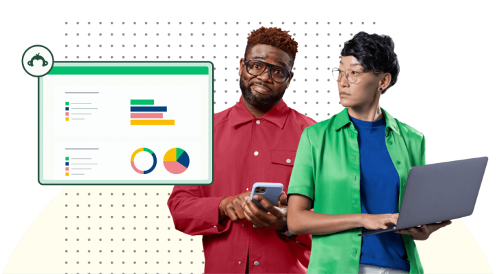 Woman with laptop and man with smart phone next to screenshot of a webpage with bar charts and graphs