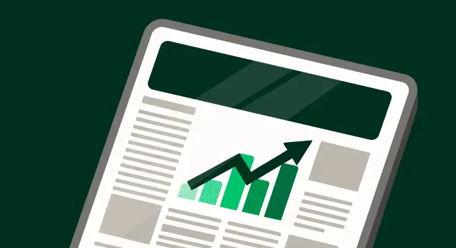 Graphic of article with a bar graph and up arrow