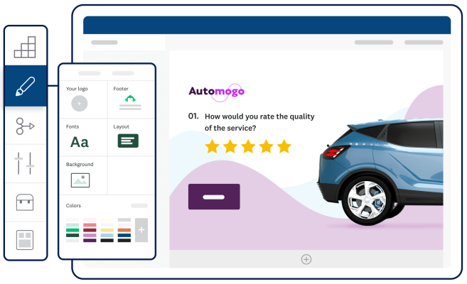 Screenshot of user creating a survey in SurveyMonkey and customizing different fonts, colors, images, and a logo
