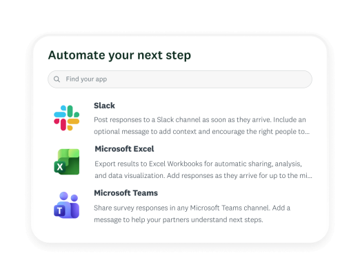 Screenshots of Slack and Microsoft Teams and Excel apps for SurveyMonkey