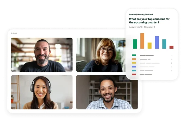 A virtual meeting space with four people on the screen and a meeting feedback poll product screen
