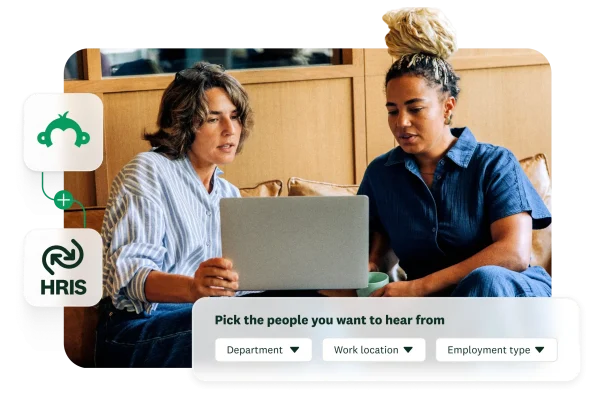 Women viewing a survey data on a laptop filtered by department, work location, and employment type