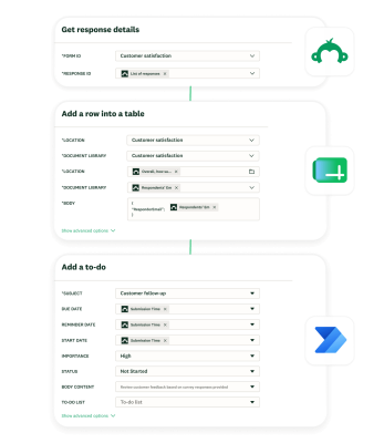 Product screenshots of SurveyMonkey integrating with other applications