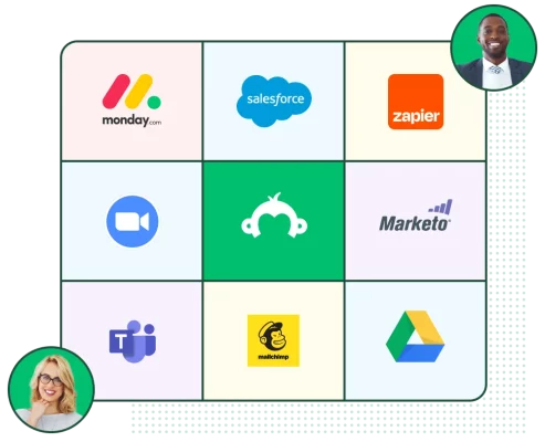 Monday.com、Salesforce、Zapier、Zoom、Marketo、Microsoft 團隊、Mailchimp 和 Google 雲端硬碟的標誌圍繞著 SurveyMonkey Goldie 標誌