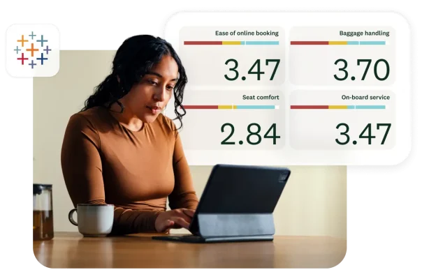 Woman typing on laptop, next to a dashboard of survey analytics