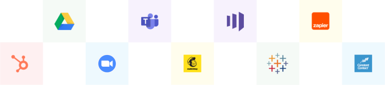Google Drive, Zoom, Mailchimp, Microsoft teams, Tableau, Constant Contact, and Zapier icons