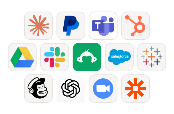 Various icons of apps that integrate with SurveyMonkey, such as Claude, PayPal, Google Drive, Salesforce, Zoom, Mailchimp, Tableau, OpenAI, and Slack