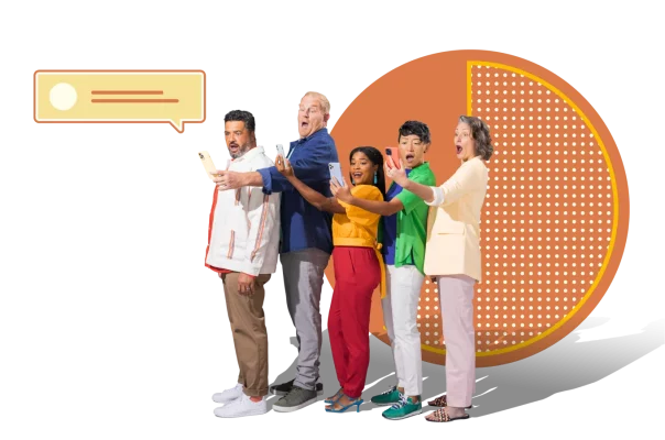 Five people standing in a line with shocked expressions and looking at their phones, with a chat bubble next to them