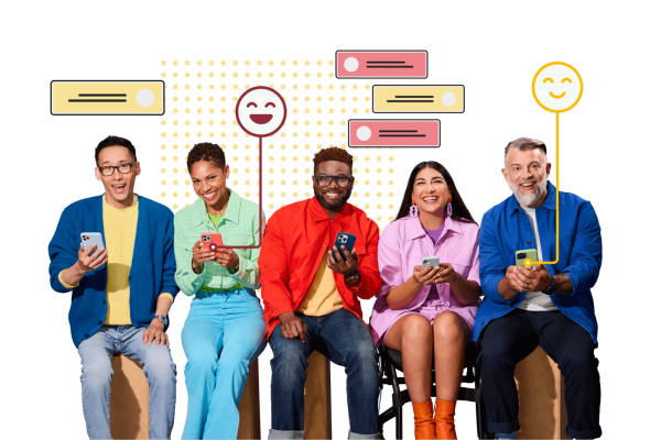 Group of 5 people sitting together and holding phones, with emojis and chat bubbles above them