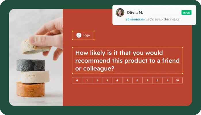 A survey editing screen with an NPS question and a comment pop-up from a collaborator named Olivia M. suggesting swapping the product image.