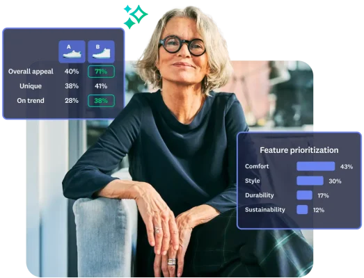 Woman sitting on sofa, next to scorecard showing results from product concept test for sneakers, and maxdiff bar graph results