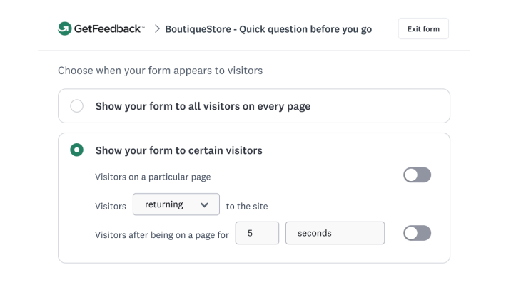 GetFeedback low-code dashboard showing audience targeting configuration options to trigger website survey forms for returning visitors based on time on page.