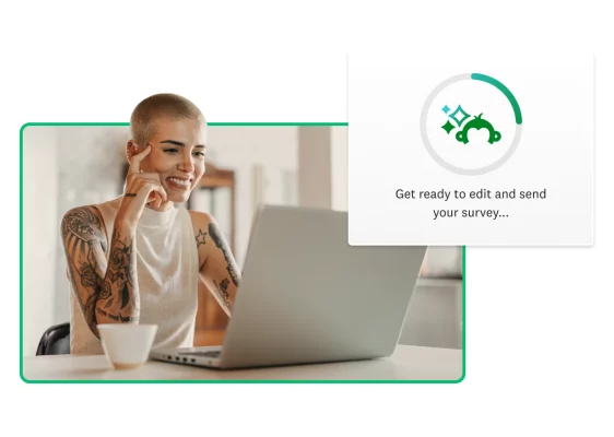 Person looking at open laptop, next to screenshot of SurveyMonkey Genius
