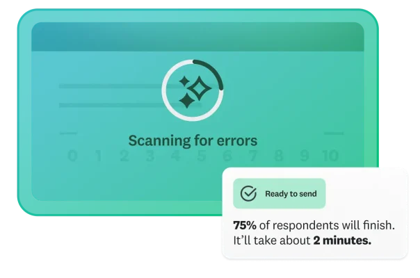 Modal saying scanning for errors, with a result of ready to send and 75% of respondents will finish in 2 minutes