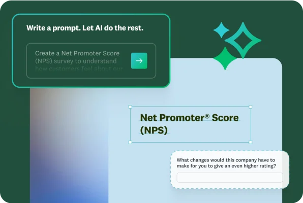 A user interface showing a green box with the title "Write a prompt. Let AI do the rest." An example prompt suggests creating a "Net Promoter Score (NPS) survey." The survey form itself is partially visible, titled "Net Promoter® Score (NPS)," with a text box for the question, "What changes would this company have to make for you to give an even higher rating?"