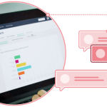 A laptop with a screenshot of survey results and chat boxes next to it