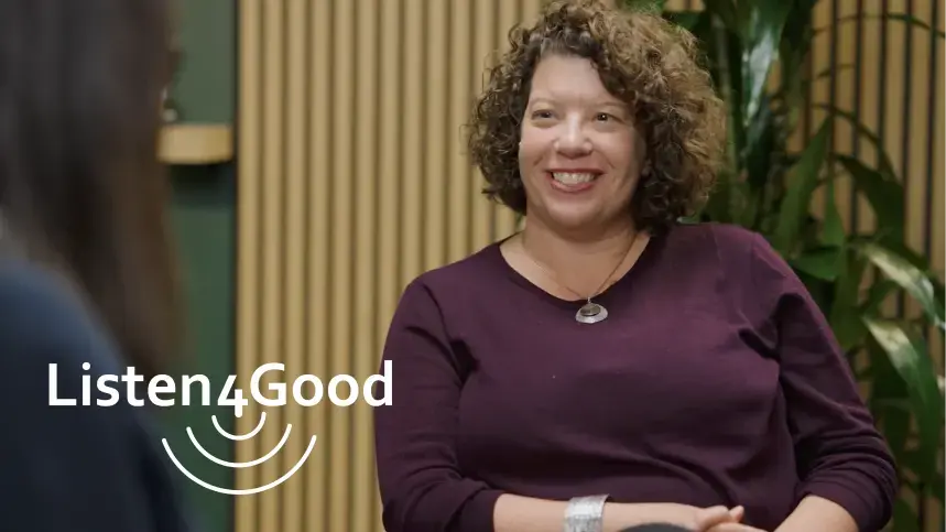 Smiling woman and Listen4Good logo