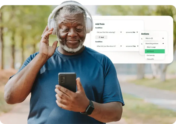 SurveyMonkey logic and branching interface with conditional rules, overlaid on a photo of a man with headphones