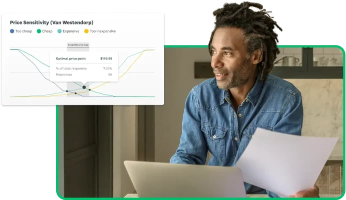 Man holding and looking at papers next to screenshot of SurveyMonkey van Westendorp price sensitivity solution