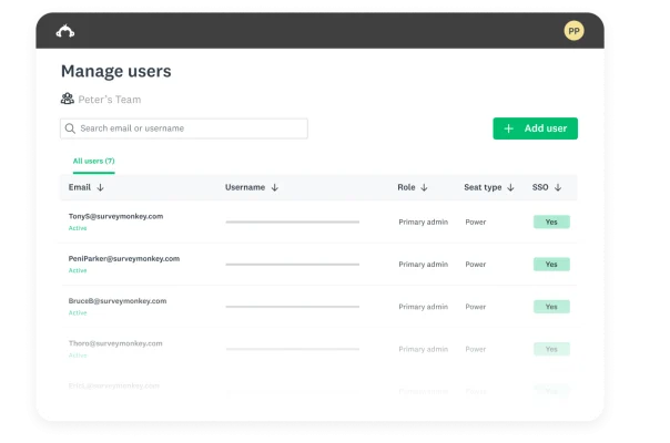 Manage users screen on SurveyMonkey