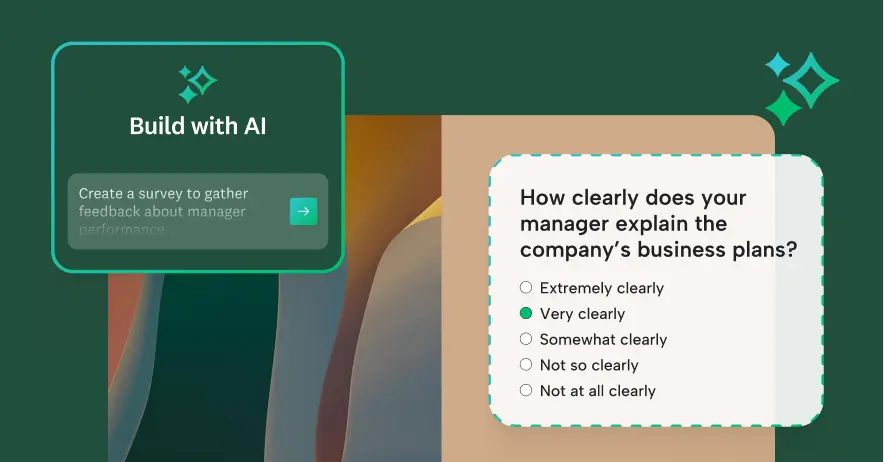 A pop-up showing an AI prompt to create a manager performance survey next to a survey question about manager clarity on business plans.
