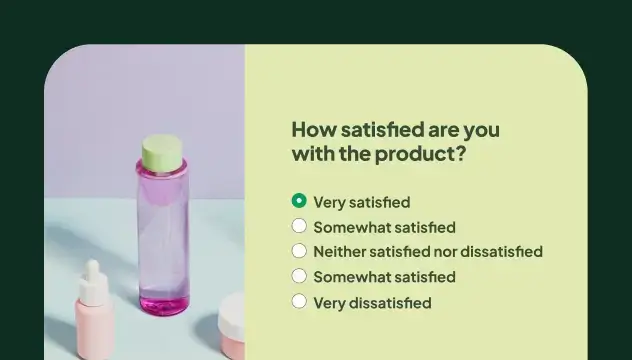 Product satisfaction survey question next to skincare product mockup