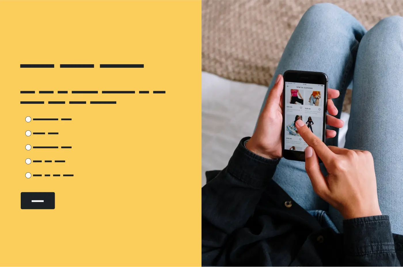 Person looking at a clothing website on their phone, next to survey question