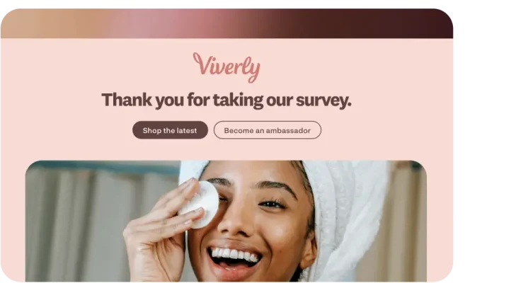 Branded post-survey thank you page for "Viverly" showing custom logo, colors, and redirect CTAs — a SurveyMonkey paid plan feature
