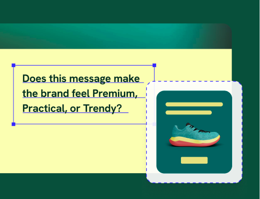 Survey question asking whether this message makes the brand feel premium, practical, or trendy, next to an image of sneakers